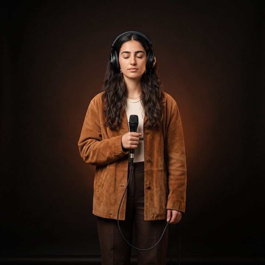 Vocalist wearing headphones holding a microphone