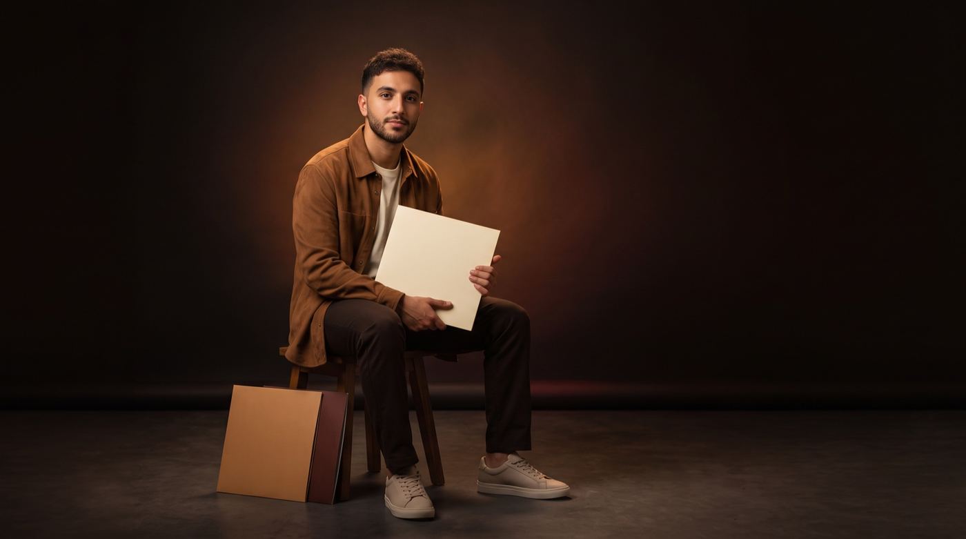 Artist seated on a stool holding a blank record sleeve in a dark studio