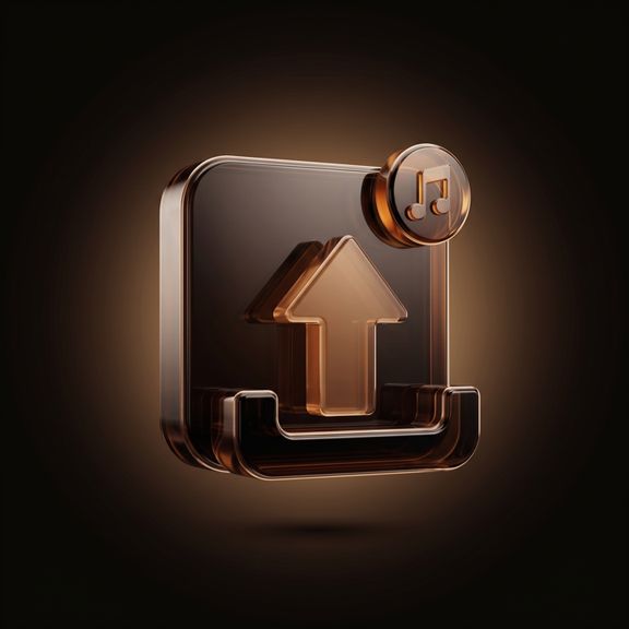 Glossy bronze 3D icon of an upload tray with a music note